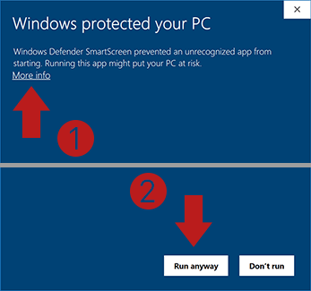 ตัวอย่างหน้าจอ Windows SmartScreen และปุ่ม Run anyway